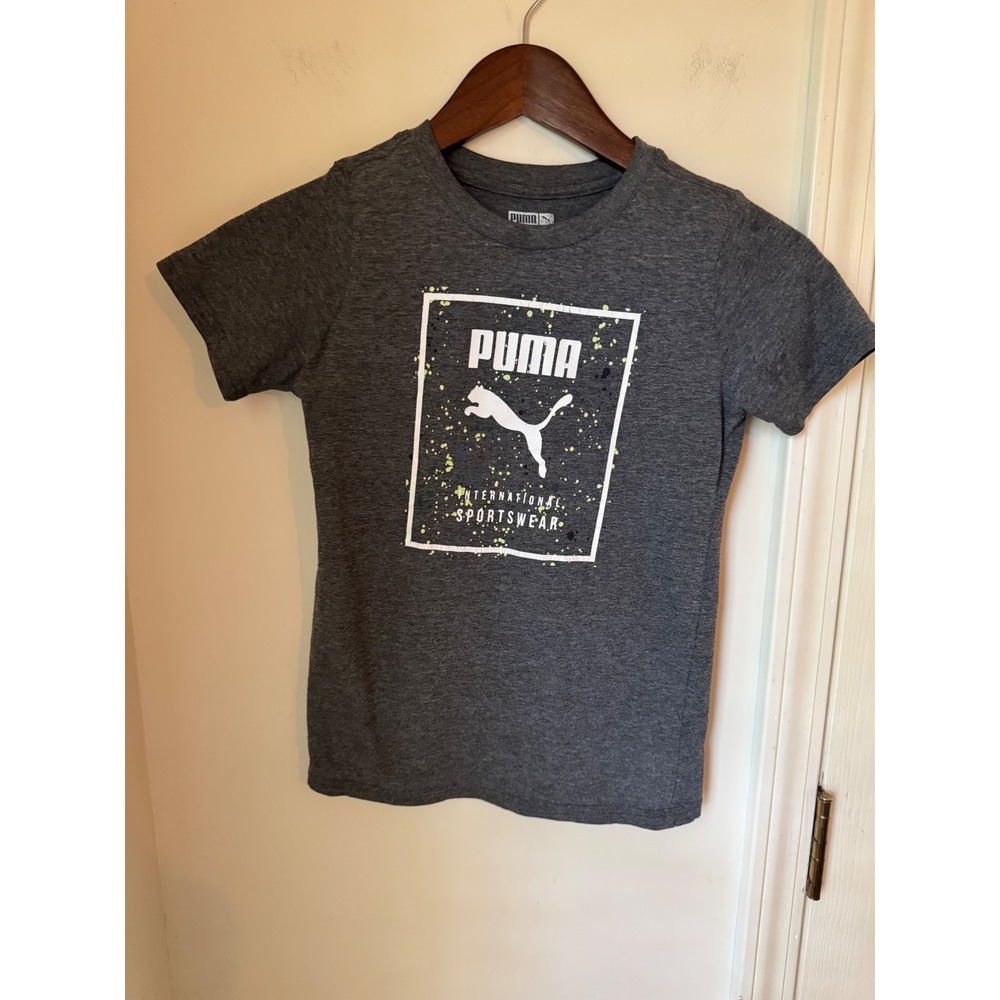 Puma Kids International Sportswear Graphic T-Shirt Gray Lime Green Size 7